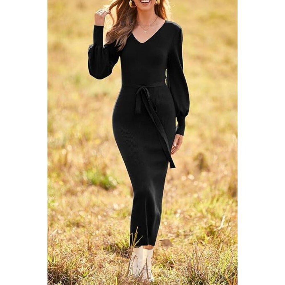 PRETTYGARDEN Women's Knit Pullover Sweater Elegant Long Lantern Sleeve Dress